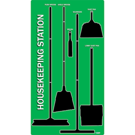 5S Supplies 5S Housekeeping Shadow Board Broom Station Version 3 - Green Board / Black Shadows  With Broom HSB-V3-GREEN-KIT